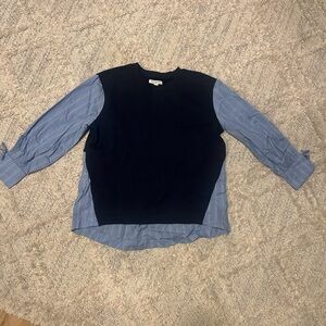 Layered Navy Sweater-Paneled Shirt - Women’s Long Sleeve